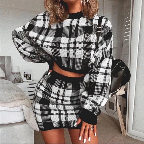 Women’s sexy knitted plaid 2 piece set - Picture 1 of 4